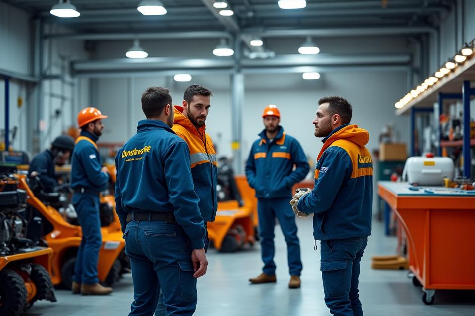 Équipe de Contraste Hiver travaillant dans un atelier moderne, entourée d'équipements de déneigement.