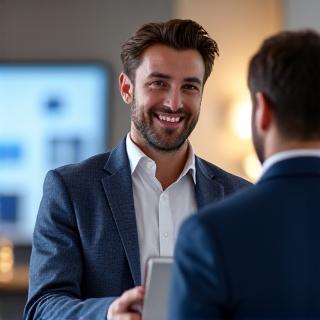 Photo de Julien Berger, Conseiller Commercial, discutant avec un client.