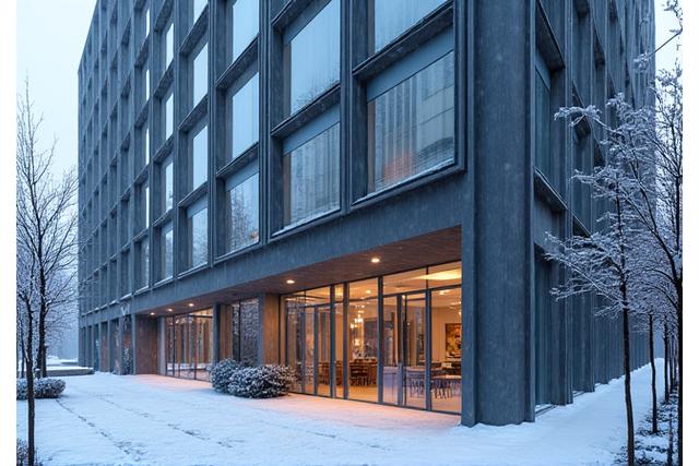 Photo de l'extérieur du bureau de Contraste Hiver à Grenoble, sous la neige