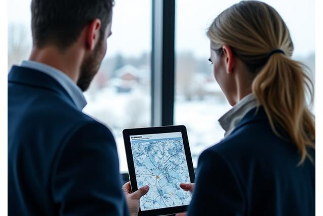 Deux professionnels discutant devant un plan de déneigement sur tablette, avec une carte enneigée en arrière-plan.