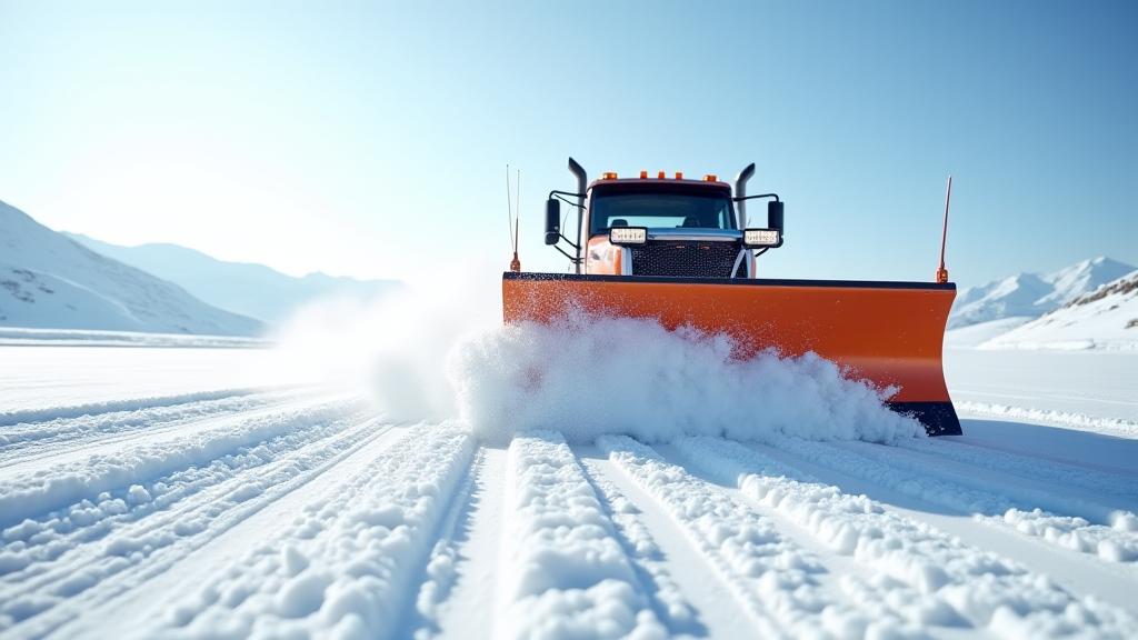 Gros plan d'une lame de déneigement professionnelle en action devant un paysage hivernal